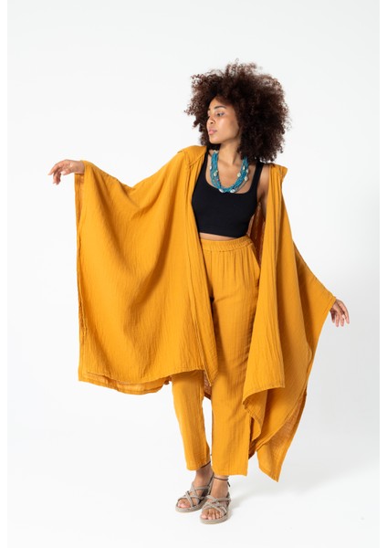 Karamel Müslin Salaş Kapüşonlu Bohem Kaftan