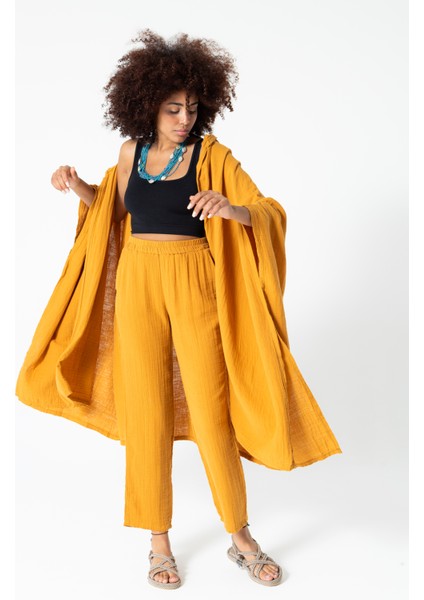 Karamel Müslin Salaş Kapüşonlu Bohem Kaftan