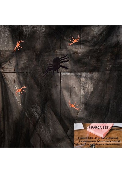 Halloween Siyah Renk Örümcek Ağı ve Siyah Turuncu Örümcek Seti 7 Parça