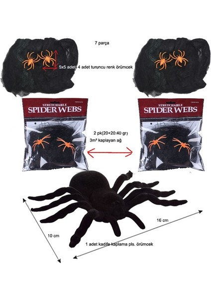 Halloween Siyah Renk Örümcek Ağı ve Siyah Turuncu Örümcek Seti 7 Parça fiyatları