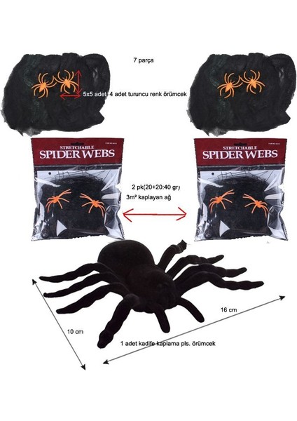 Halloween Siyah Renk Örümcek Ağı ve Siyah Turuncu Örümcek Seti 7 Parça