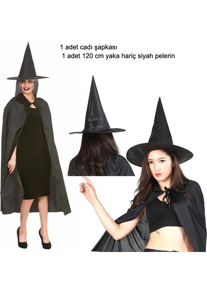 Halloween Siyah Renk 120 cm Witch Cadı Pelerini ve Şapkası 2 Li Set Yetişkin fiyatları
