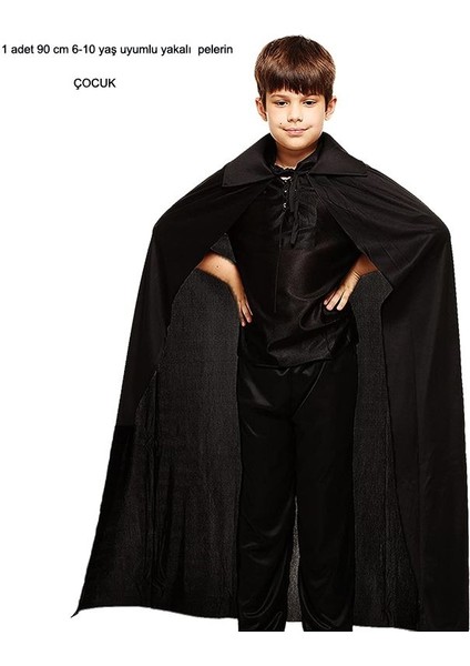 Siyah Renk 90 cm Yakalı Çok Amaçlı Halloween Pelerini Çocuk Boy 6-10 Yaş