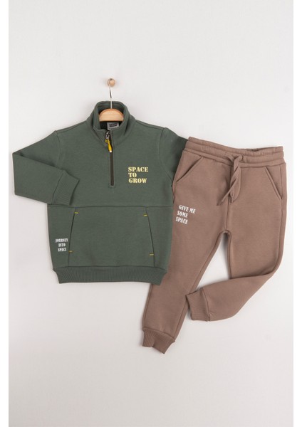 Yeşil Fermuarlı Yaka Yazılı Erkek Çocuk Polarlı Eşofman Takımı 16739