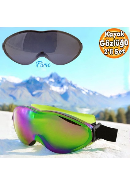 Kayak Gözlüğü Değiştirebilir Camlı Güneş Kar Gözlük Gökkuşağı Snowboard Glasses Gözlük+1 Adet Yedek Cam (Füme)