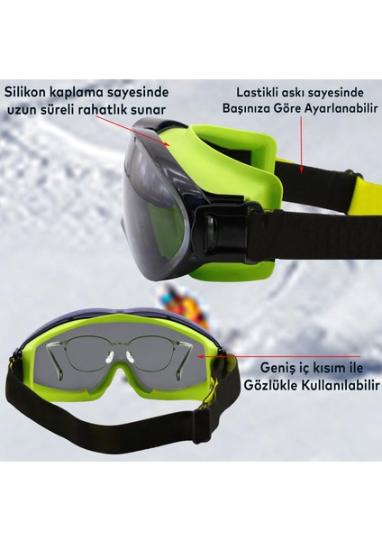 Kayak Gözlüğü Değiştirebilir Camlı Güneş Kar Gözlük Gökkuşağı Snowboard Glasses Gözlük+1 Adet Yedek Cam (Füme)