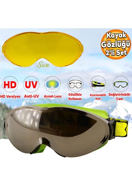 Kayak Gözlüğü Değiştirebilir Camlı Güneş Kar Gözlük Gümüş Snowboard Glasses Gözlük+1 Adet Yedek Cam (Sarı)