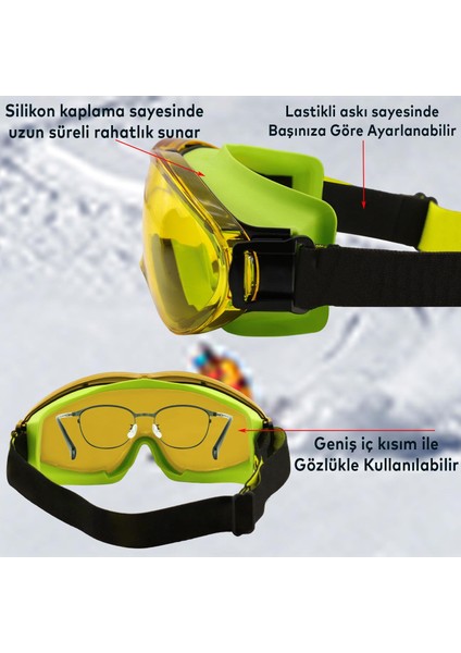 Kayak Gözlüğü Değiştirebilir Camlı Güneş Kar Gözlük Gümüş Snowboard Glasses Gözlük+1 Adet Yedek Cam (Sarı)