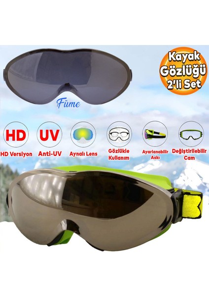 Kayak Gözlüğü Değiştirebilir Camlı Güneş Kar Gözlük Gümüş Snowboard Glasses Gözlük+1 Adet Yedek Cam (Füme)