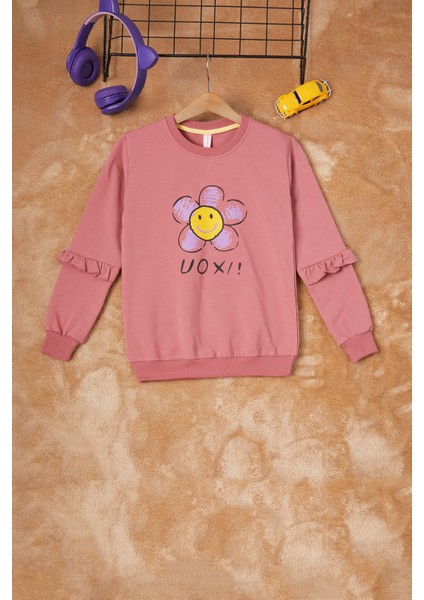 Koyu Pembe Papatya Baskılı Kız Çocuk Sweatshirt 16615
