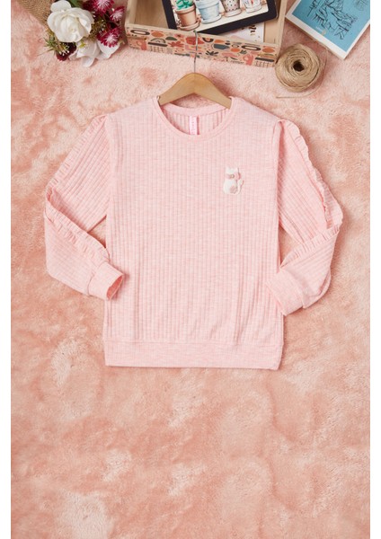 Pembe Fırfırlı Kedi Nakışlı Kız Çocuk Badi 16580