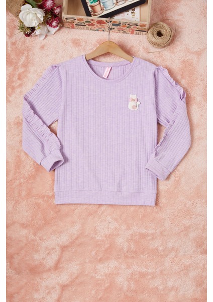 Lila Fırfırlı Kedi Nakışlı Kız Çocuk Badi 16577