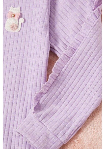 Lila Fırfırlı Kedi Nakışlı Kız Çocuk Badi 16577 modelleri