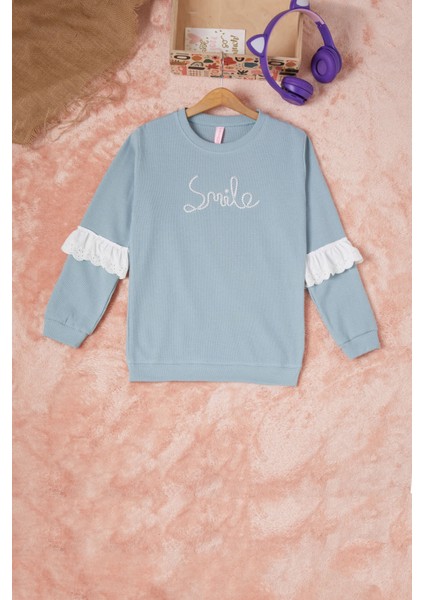 Yeşil Smile Nakışlı Kız Çocuk Waffle Sweatshirt 16594