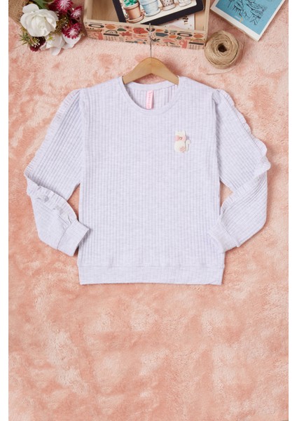 Gri Fırfırlı Kedi Nakışlı Kız Çocuk Badi 16579