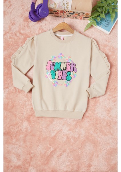Krem Summer Yazı Nakışlı Kız Çocuk Sweatshirt 16581