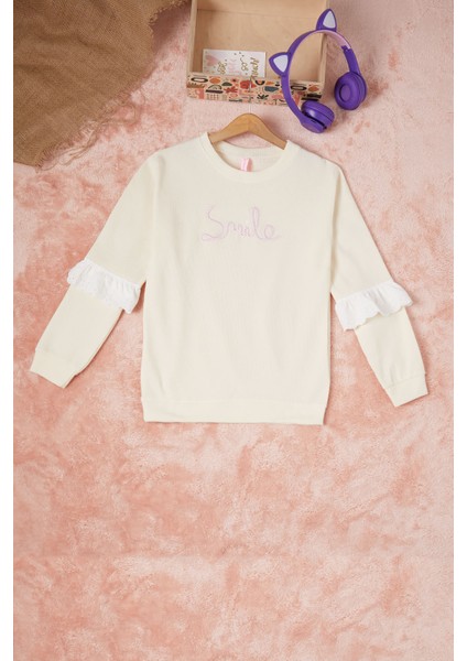 Krem Smile Nakışlı Kız Çocuk Waffle Sweatshirt 16589