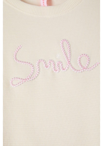Krem Smile Nakışlı Kız Çocuk Waffle Sweatshirt 16589 modelleri
