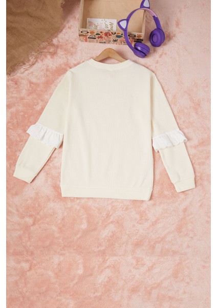 Krem Smile Nakışlı Kız Çocuk Waffle Sweatshirt 16589 indirimleri