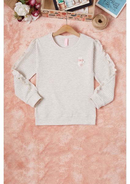 Krem Fırfırlı Kedi Nakışlı Kız Çocuk Badi 16578