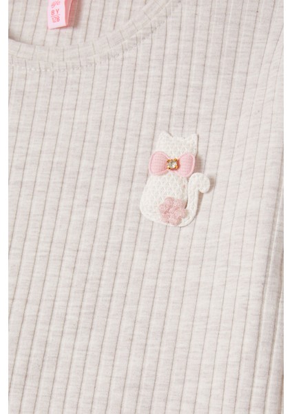 Krem Fırfırlı Kedi Nakışlı Kız Çocuk Badi 16578 modelleri