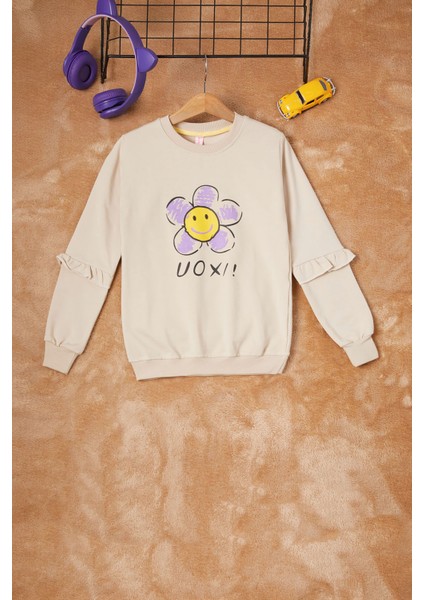 Krem Papatya Baskılı Kız Çocuk Sweatshirt 16614