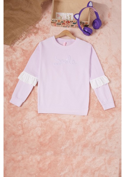 Lila Smile Nakışlı Kız Çocuk Waffle Sweatshirt 16593