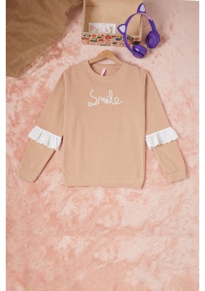 Kahverengi Smile Nakışlı Kız Çocuk Waffle Sweatshirt 16591