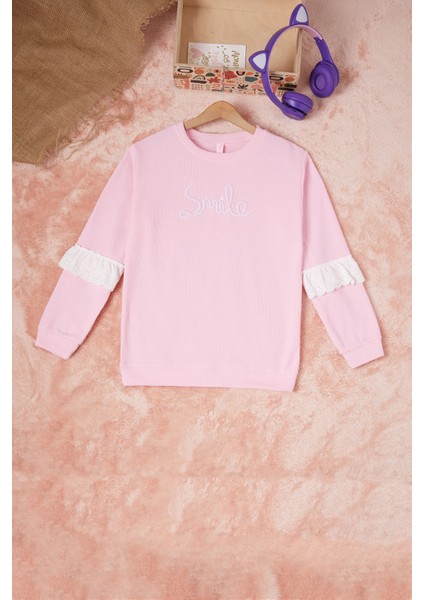 Pembe Smile Nakışlı Kız Çocuk Waffle Sweatshirt 16592