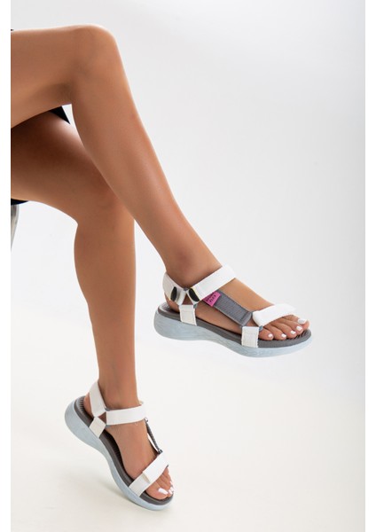 Kadın Kısa Topuk Rahat Taban Cırtlı Günlük Spor Sandalet SS001-0158 Beyaz Gri