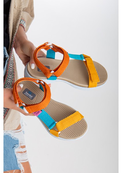 Sandal Spor Kadın Kısa Topuk Rahat Taban Cırtlı Günlük Spor Sandalet SS001-0158 Sarı Oranj