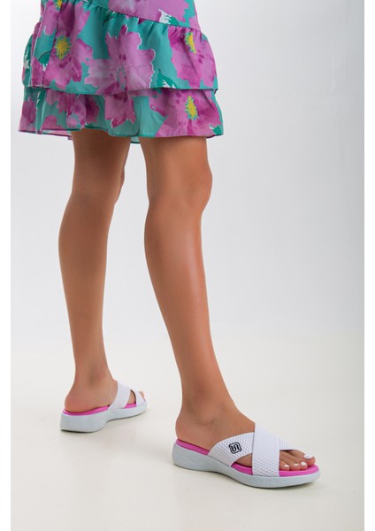 Kadın Günlük Esnek Lastikli Spor Terlik SS001-0118 Beyaz Fuşya