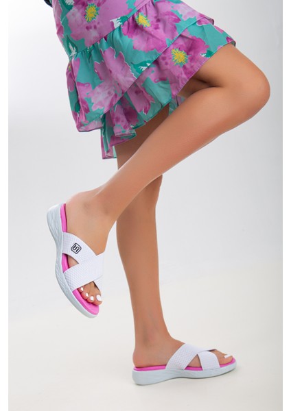 Kadın Günlük Esnek Lastikli Spor Terlik SS001-0118 Beyaz Fuşya fiyatları