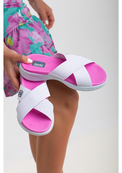 Kadın Günlük Esnek Lastikli Spor Terlik SS001-0118 Beyaz Fuşya modelleri