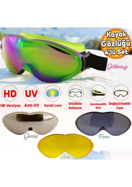 Kayak Gözlüğü Değiştirebilir Camlı Güneş Kar Gözlük Gökkuşağı Snowboard Glasses Gözlük+3 Adet Yedek Cam