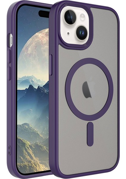 iPhone 15 Kılıf Mat Arka Yüzey Wireless Şarj Özellikli Zore Flet Magsafe Kapak-Derin Mor