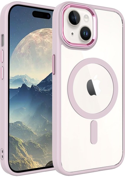 iPhone 15 Kılıf Wireless Şarj Özellikli Zore Krom Magsafe Silikon Kapak-Pembe Açık