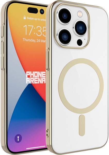 iPhone 15 Pro Kılıf Zore Wireless Şarj Özellikli Pixel Magsafe Kapak-Gold