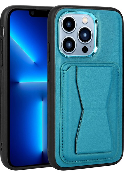 HTstore iPhone 13 Pro Max Kılıf Kartlıklı Standlı ​pu Deri Zore Memo Kapak-Mavi