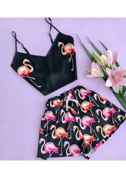 Saten Askılı Crop Şortlu Ev Giyim Pijama Takımı Etnik - Flamingo Baskı Siyah Fuşya