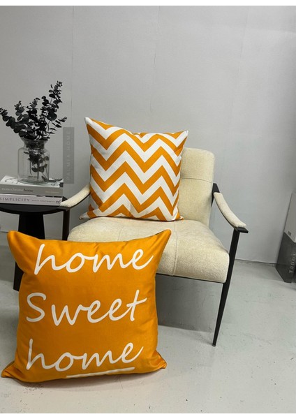Zigzag ve Home Sweet Home Dekoratif 2'li Minder Kılıfı Seti 60 x 60 cm