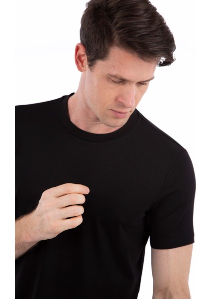 -Bisiklet Yaka Kısa Kollu Likralı Viskon Erkek T-Shirt