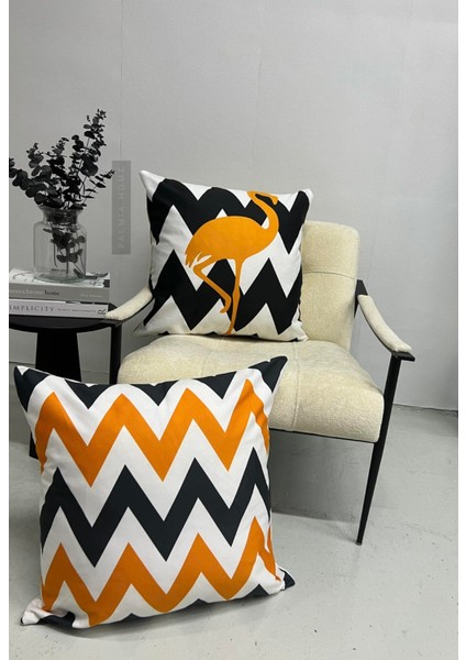 Flamingo ve Zigzag Desenli Dekoratif 2'li Minder Kılıfı Seti 60 x 60 cm