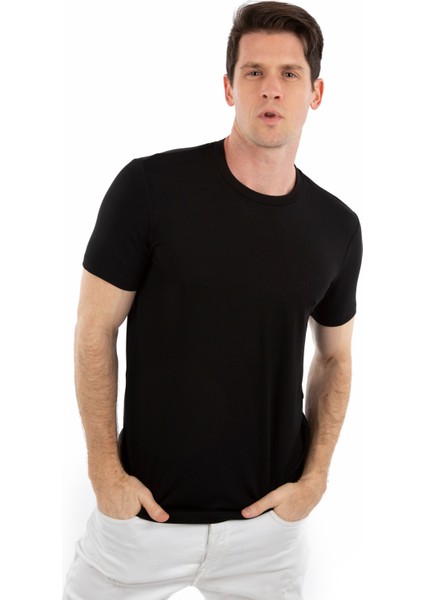 -Bisiklet Yaka Kısa Kollu Likralı Viskon Erkek T-Shirt