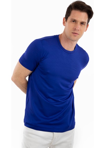 -Bisiklet Yaka Kısa Kollu Likralı Viskon Erkek T-Shirt