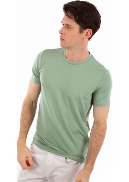 -Bisiklet Yaka Kısa Kollu Likralı Viskon Erkek T-Shirt