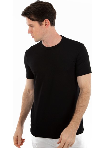 -Bisiklet Yaka Kısa Kollu Likralı Viskon Erkek T-Shirt