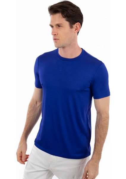 -Bisiklet Yaka Kısa Kollu Likralı Viskon Erkek T-Shirt