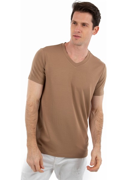 - V Yaka Kısa Kollu Likralı Viskon Erkek T-Shirt