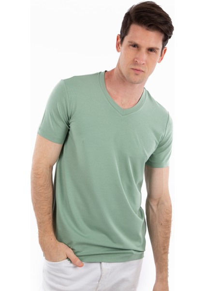 - V Yaka Kısa Kollu Likralı Viskon Erkek T-Shirt